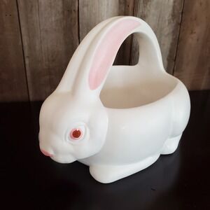 Department 56 Ceramic Bunny Rabbit Figure Basket With Handle Easter Candy Dish